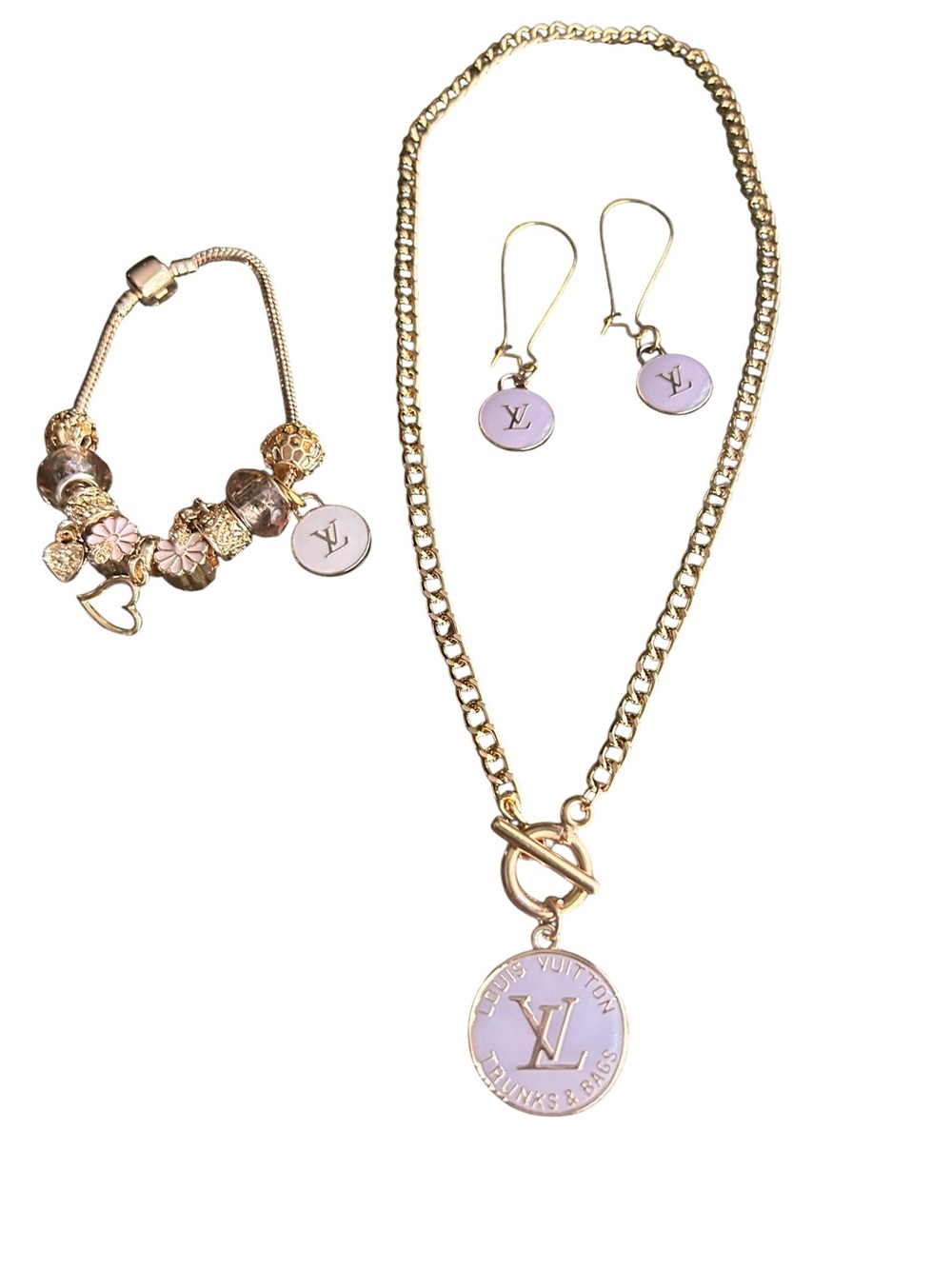 Fashion Jewelry Gold-Tone Pink Enamel Logo Necklace, Bracelet & Earrings Set